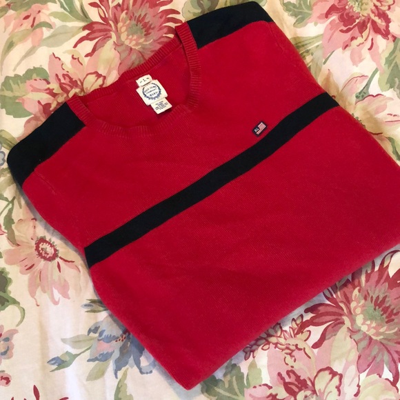Vintage RALPH LAUREN Size Large Pullover Red Black Ribbed Cotton Embroidery Flag - Picture 10 of 16